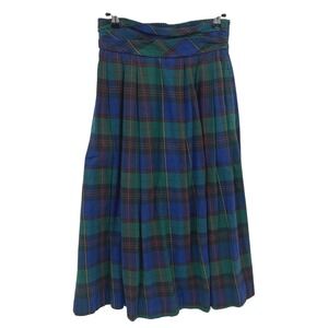 Plaid Pleated Midi Skirt Elastic Waist Pockets 8P Blue Green Academia Preppy